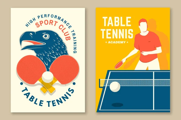 Masa tenisi posteri, afiş, masa tenisi raketleri, şahin kuşu, tenis oynayan sporcu atleti içeren dergi şablonu. Vektör