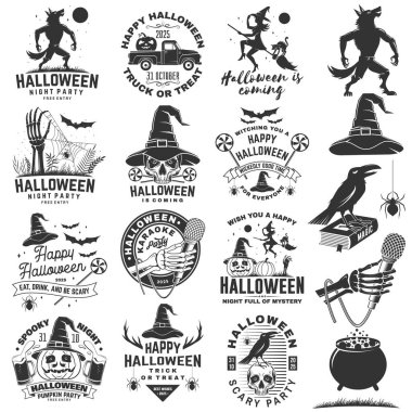 Cadılar Bayramı vektörleri, içinde balkabakları, büyücü şapkası giymiş kafatasları, kurt adam, süpürge sapında uçan cadı, bira kupası ve balkabağı kamyoneti silueti olan ürkütücü elementlerle dolu. Cadılar Bayramı tişörtleri, logoları, rozetleri, dekorasyonları, tebrik kartları için mükemmel.