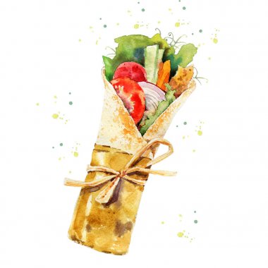 Döner kebap - shawarma beyaz bir arka plan üzerinde izole. Marul, Domates, salatalık, havuç ve soğan ile sarın. El boyalı gerçekçi suluboya illüstrasyon.