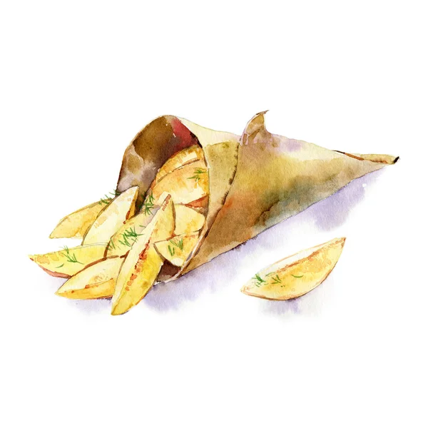 Ilustração em aquarela de batata assada isolada sobre fundo branco. Lanche vegan orgânico caseiro. Batatas fritas no saco de artesanato. Eco amigável fast food . — Fotografia de Stock