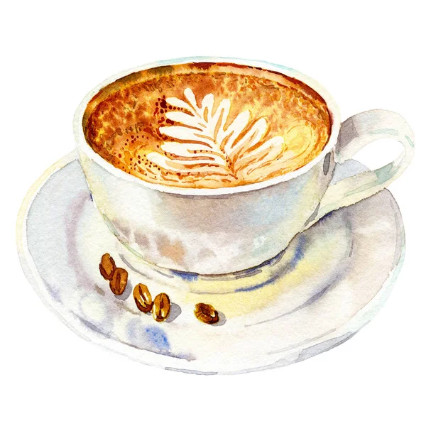 Beyaz arka planda, tarzı çizilmiş suluboya illüstrasyon izole kahve fincanı.