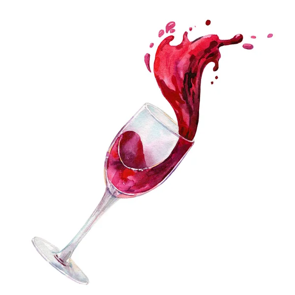 Glas rode wijn met de wijn splash. Aquarel handgeschilderde illustratie geïsoleerd op witte achtergrond. — Stockfoto