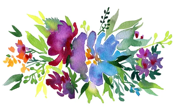 Акварельные цветы. Цветочная иллюстрация с листьями и бутонами. Ботаническая композиция для свадебной или поздравительной открытки. Ветвь диких цветов . — стоковое фото