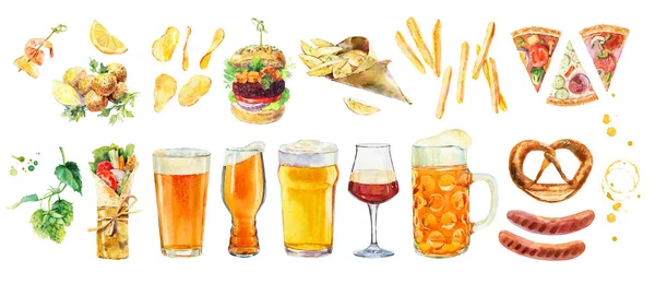 Beyaz arka planda atıştırmalıklar olan suluboya bira bardakları.