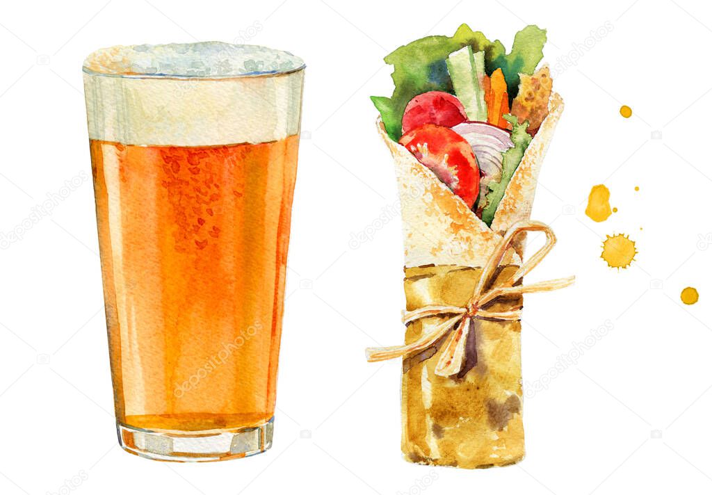 Watercolor collection. Trendy ipa beer glass with IPA beer. Beer trendy glass and shawarma for concept design. Watercolor realistic illustration. Modern design. Bar Menu design template. Food icon set