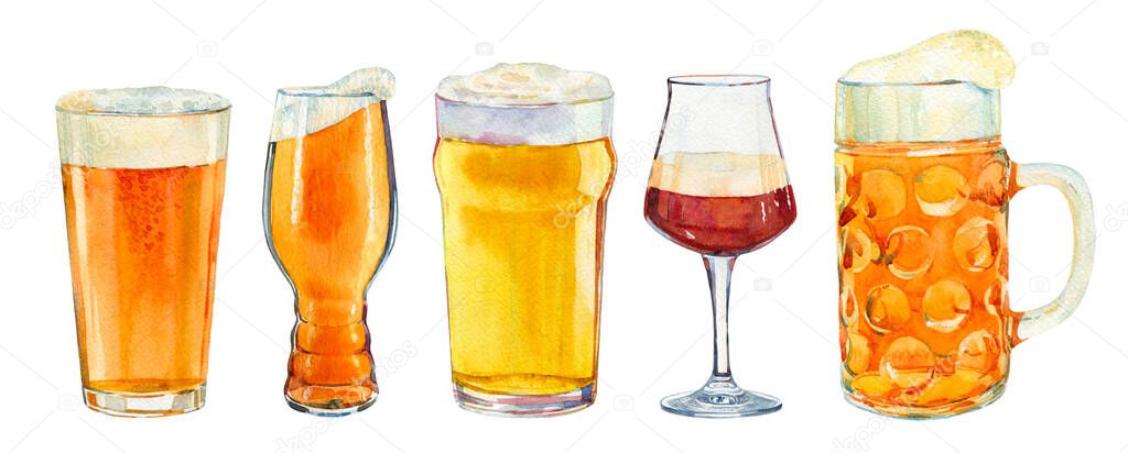 Watercolor collection Trendy ipa beer glasses with IPA beer. Hipster ipa beer trendy glass for concept design. Logo, symbol, menu illustration. Watercolor realistic illustration. Modern design. Bar