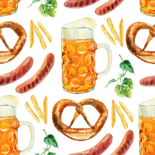 Seamless pattern watercolor Octoberfest beer collection. Classical Octoberfest beer mug with draft beer and snacks - pretzel, sausages, french fries.Pattern for Bar Menu, place mats, wrapping paper. High quality photo