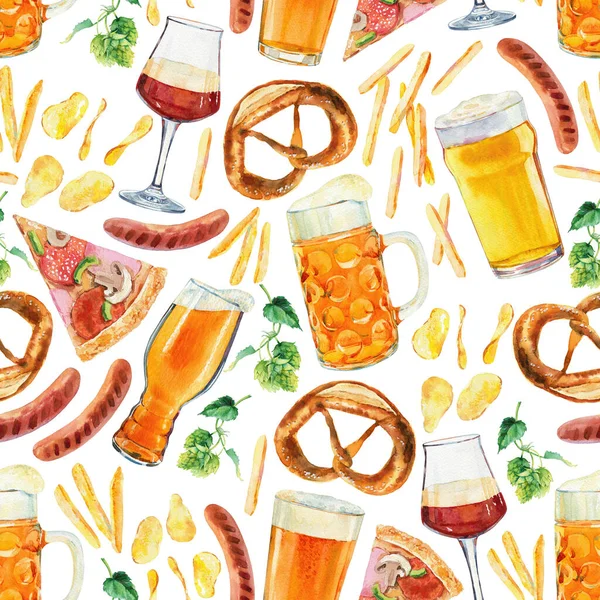 Seamless pattern watercolor Octoberfest beer collection. Classical Octoberfest beer mug with draft beer and snacks - pretzel, sausages, french fries.