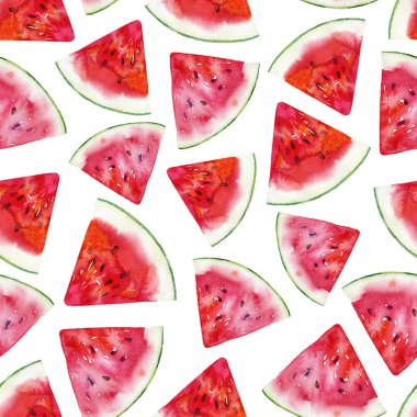 Suluboya meyve deseni. Kusursuz suluboya çizimi. Parlak renkli duvar kağıdı, kumaş, ambalaj kağıdı tasarımı. Suluboya arka plan karpuz çizimi.