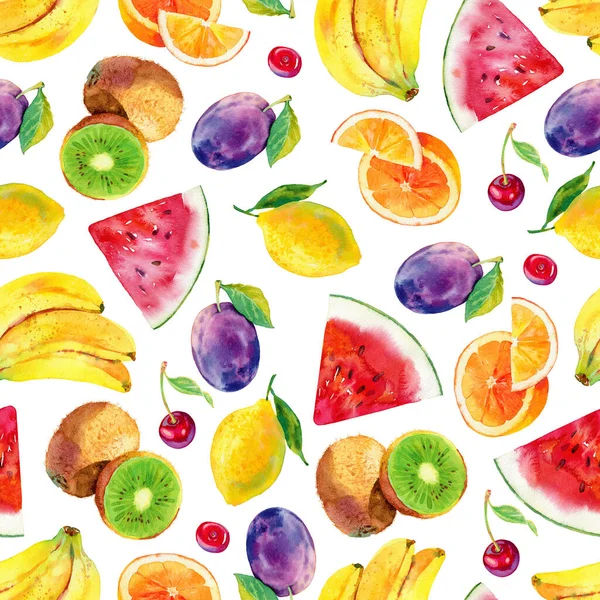 Seamless watercolour fruits pattern. Bright summer fruits on white background. Watercolor illustration for wrapping paper, fabric, textile, wallpaper, etc..