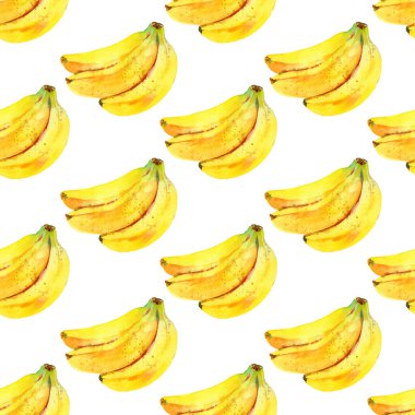 Suluboya meyve deseni. Kusursuz suluboya çizimi. Parlak renkli duvar kağıdı, kumaş, ambalaj kağıdı tasarımı. Suluboya arka plan muz illüstrasyonu. El yapımı muz dalı. 