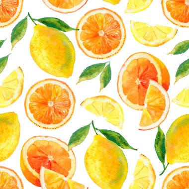 Kusursuz suluboya narenciye deseni. Beyaz arka planda parlak yaz meyveleri. Tertemiz limonlar ve portakallar. Paket kağıdı, kumaş, tekstil, duvar kağıdı vs. için suluboya çizimi