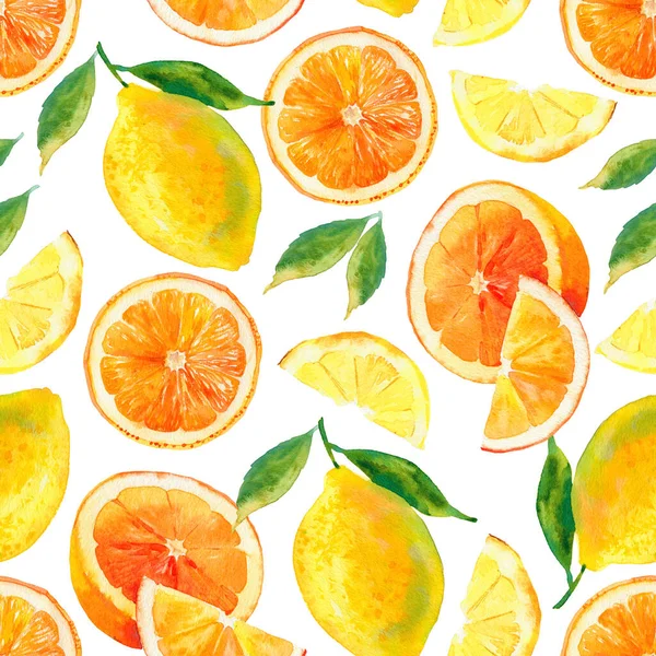 Kusursuz suluboya narenciye deseni. Beyaz arka planda parlak yaz meyveleri. Tertemiz limonlar ve portakallar. Paket kağıdı, kumaş, tekstil, duvar kağıdı vs. için suluboya çizimi