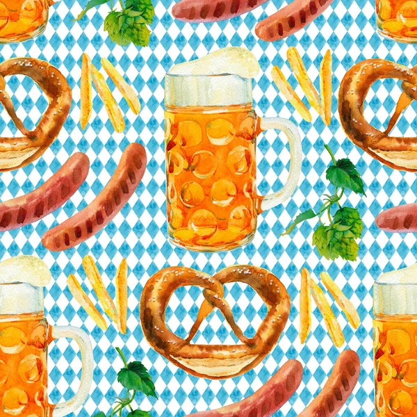 Naadloos patroon aquarel oktober bier collectie. Klassieke oktoberfest biermok met tapbier en snacks - pretzel, worstjes, frietjes. — Stockfoto