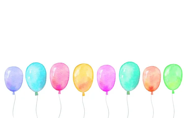 Watercolor banner with helium balloons on white background. Watercolor flying balloons illustration set. — Stock Photo, Image