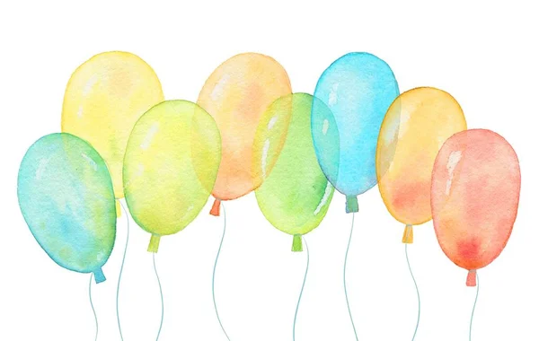 Watercolor banner with helium balloons on white background. Watercolor flying balloons illustration set. — Stock Photo, Image