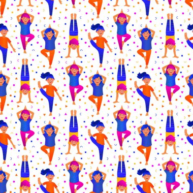 Yoga renkli çizgi film karakterleri kusursuz desen. Yoga seti. Çocuklar yoga egzersizleri yapıyor.. 