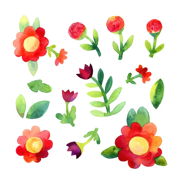 Цветные акварельные красные и фиолетовые цветы в наивном стиле на белом фоне. Ботанический цветочный узор. Акварель — стоковое фото