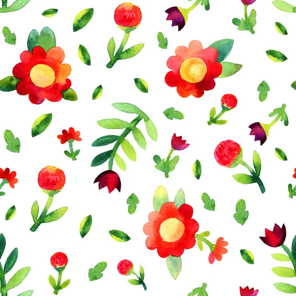Aquarela colorida flores vermelhas e roxas em estilo ingênuo no fundo branco. Papel de parede Botânico sem costura. Padrão de flor sem costura isolado. Aquarela flores imprimir, papel de parede, tecido — Fotografia de Stock