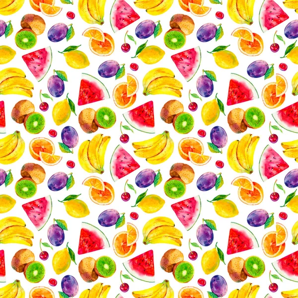 Seamless watercolour fruits pattern. Bright summer fruits on white background. Watercolor illustration for wrapping paper, fabric, textile, wallpaper, etc..