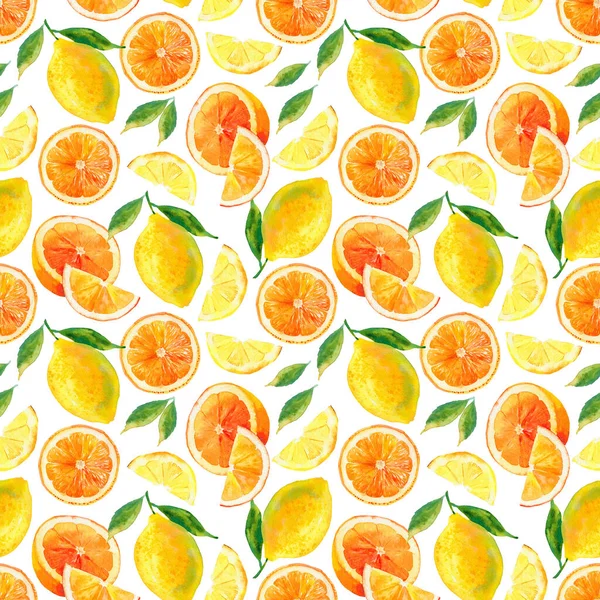 Naadloze aquarel citrus patroon. Helder zomerfruit op witte achtergrond. Naadloze citroenen en sinaasappels. Aquarelillustratie voor inpakpapier, textiel, behang, enz. — Stockfoto