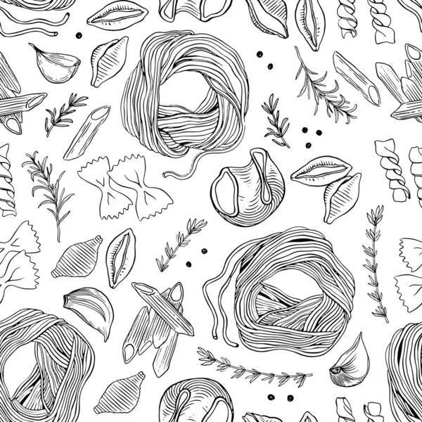 Elle çizilmiş makarna kusursuz vektör deseni. Spagetti ve diğer makarna vektör illüstrasyonları. Çizgi çalışması. Elle çizilmiş siyah beyaz makarna koleksiyonu.