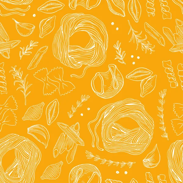 Handritad pasta sömlös vektor mönster. Spaghetti och andra typer av pasta vektor illustration. Linjekonst. Handritad svart och vit pasta samling. — Stock vektor