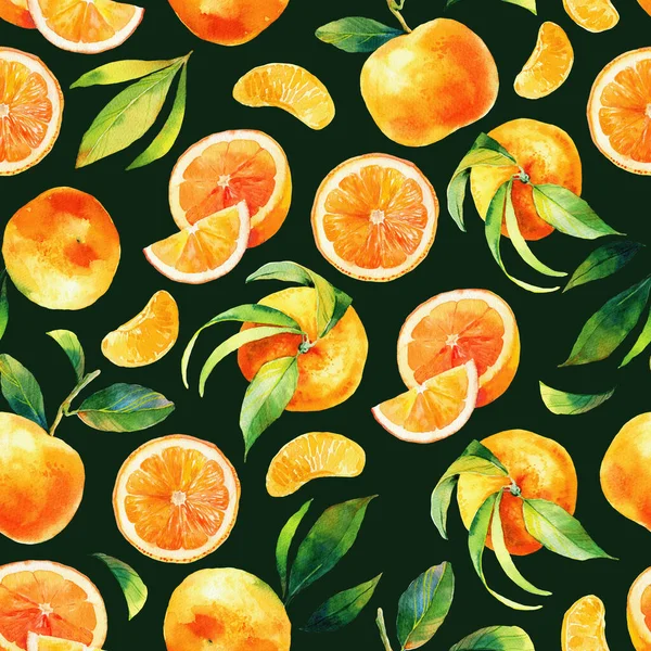 물이 없는 감귤류의 과일과 잎 패턴. 푸른 잎과 오렌지 열매는 어두운 배경에 있다. 바다없는 만다린과 오렌지 워터 컬러 삽화 — 스톡 사진