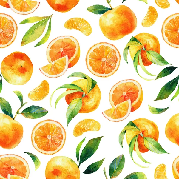 Nahtlose Aquarellzeichnung von Zitrusfrüchten und Blättern. Grüne Blätter und orange Früchte auf weißem Hintergrund. Nahtlose Illustration von Mandarinen und Orangen in Aquarell — Stockfoto