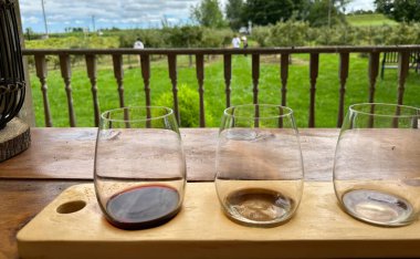 Port Perry, Kanada - 13 Ağustos 2023: Kırsal kesimdeki şarap tadımı sırasında şarap kadehlerinin uçuşu