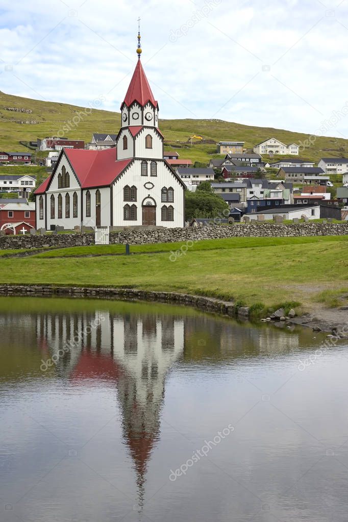 View of the small church of Sandavagur, Faroe Islands