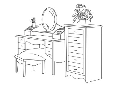 Bir ayna ve bir çekmeceli içeren bir tablo. Vektör çizim.