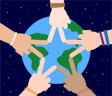 Eller farklı insanların gezegenimizin destek. Vektör çizim.