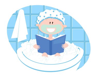 Kız banyoda bir kitapla. Vektör çizim.