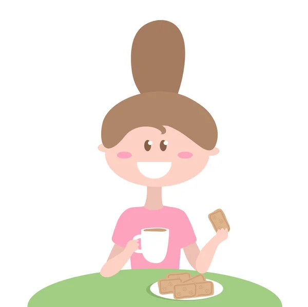 Una Chica Está Bebiendo Con Una Galleta Ilustración Vectorial — Vector de stock