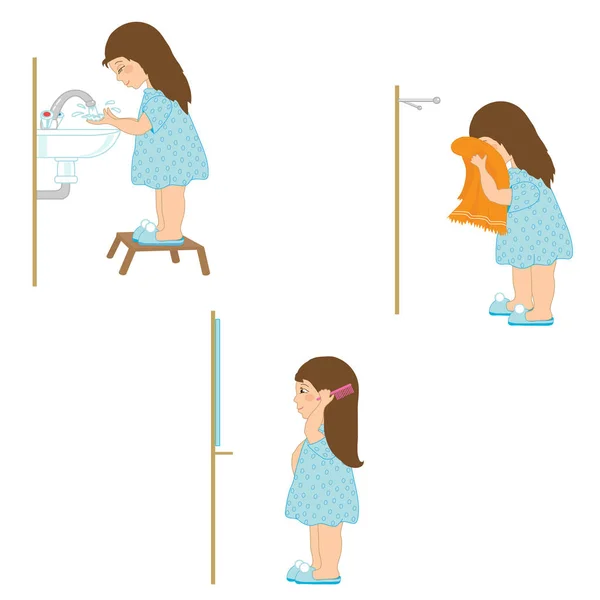 Rapariga Está Lavar Procedimentos Matinais Ilustração Vetorial — Vetor de Stock