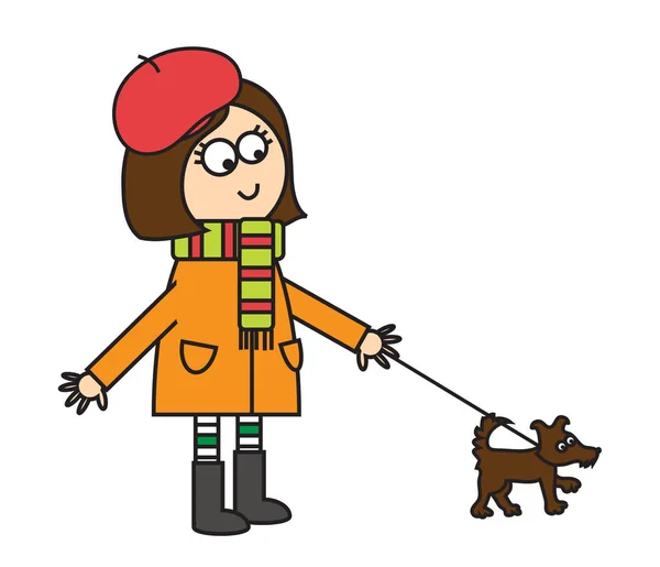 Rapariga Caminha Com Cão Ilustração Vetorial —  Vetores de Stock