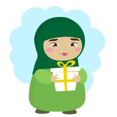 Şirin bir Müslüman kadın bir hediye tutuyor. Vektör çizim.