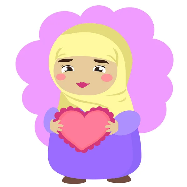 Cute Muslim Woman Holds Heart Vector Illustration — Stock Vector
