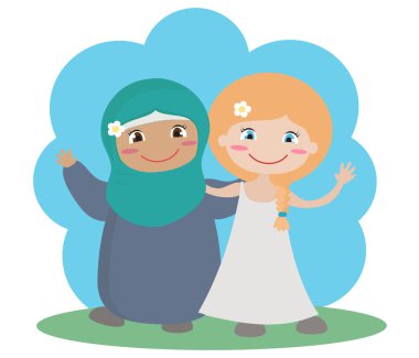 İki farklı kız mavi bir arka plan üzerinde birlikte. Vektör çizim. 