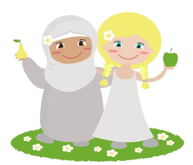 Müslüman kız ve sarışın beyaz bir arka plan üzerinde birlikte. Vektör çizim. 