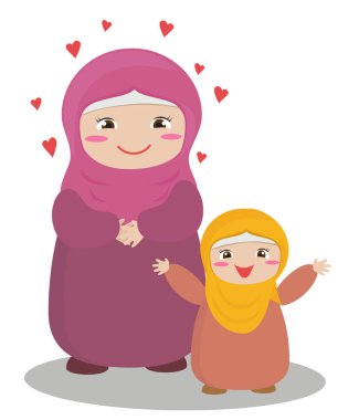 Müslüman kadın ve kızı beyaz zemin üzerinde. Vektör çizim.