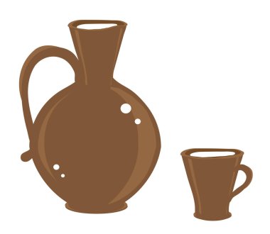 Karamich sürahi ve beyaz bir arka plan üzerinde süt ile iki kupa. Vektör çizimi.