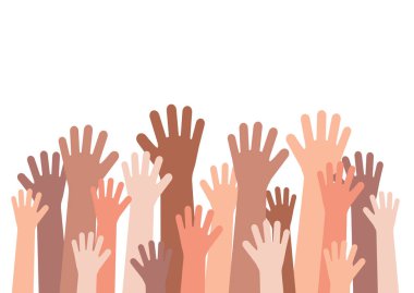 Beyaz arka planda farklı insanların elleri. Tolerans. Vektör çizimi.