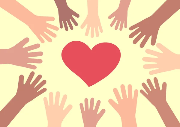 Mãos Várias Pessoas São Atraídas Para Coração Contra Fundo Amarelo —  Vetores de Stock