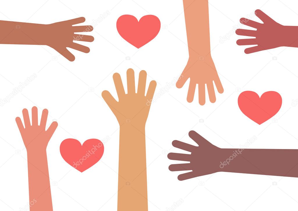 The hands of various people reach for a heart on a white background. Vector illustration.