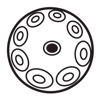 Beyaz bir arka plan üzerinde davul, handpan, müzik aleti asmak. Siyah beyaz simge. Vektör çizimi.
