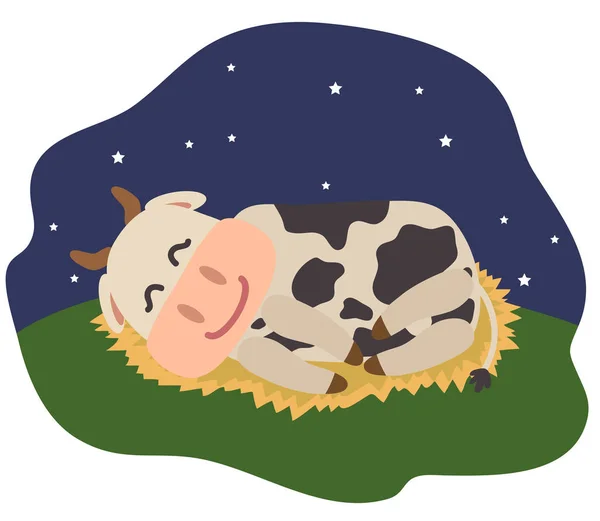 Linda Vaca Durmiendo Heno Sobre Fondo Azul Ilustración Vectorial — Vector de stock