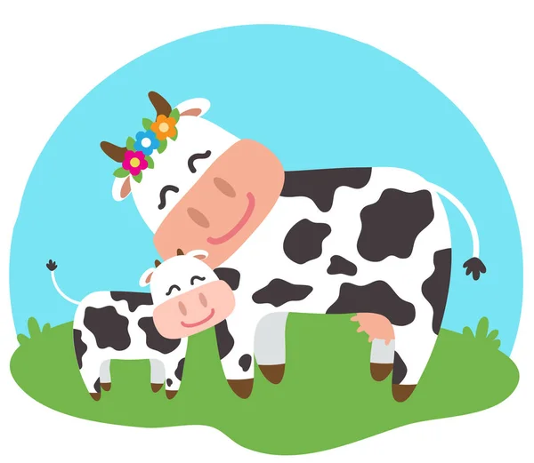 Uma Vaca Bezerro Juntos Num Fundo Azul Vetor — Vetor de Stock