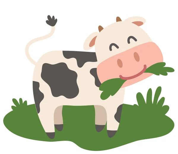 Eine Süße Kuh Kaut Gras Auf Weißem Hintergrund Vektorillustration — Stockvektor